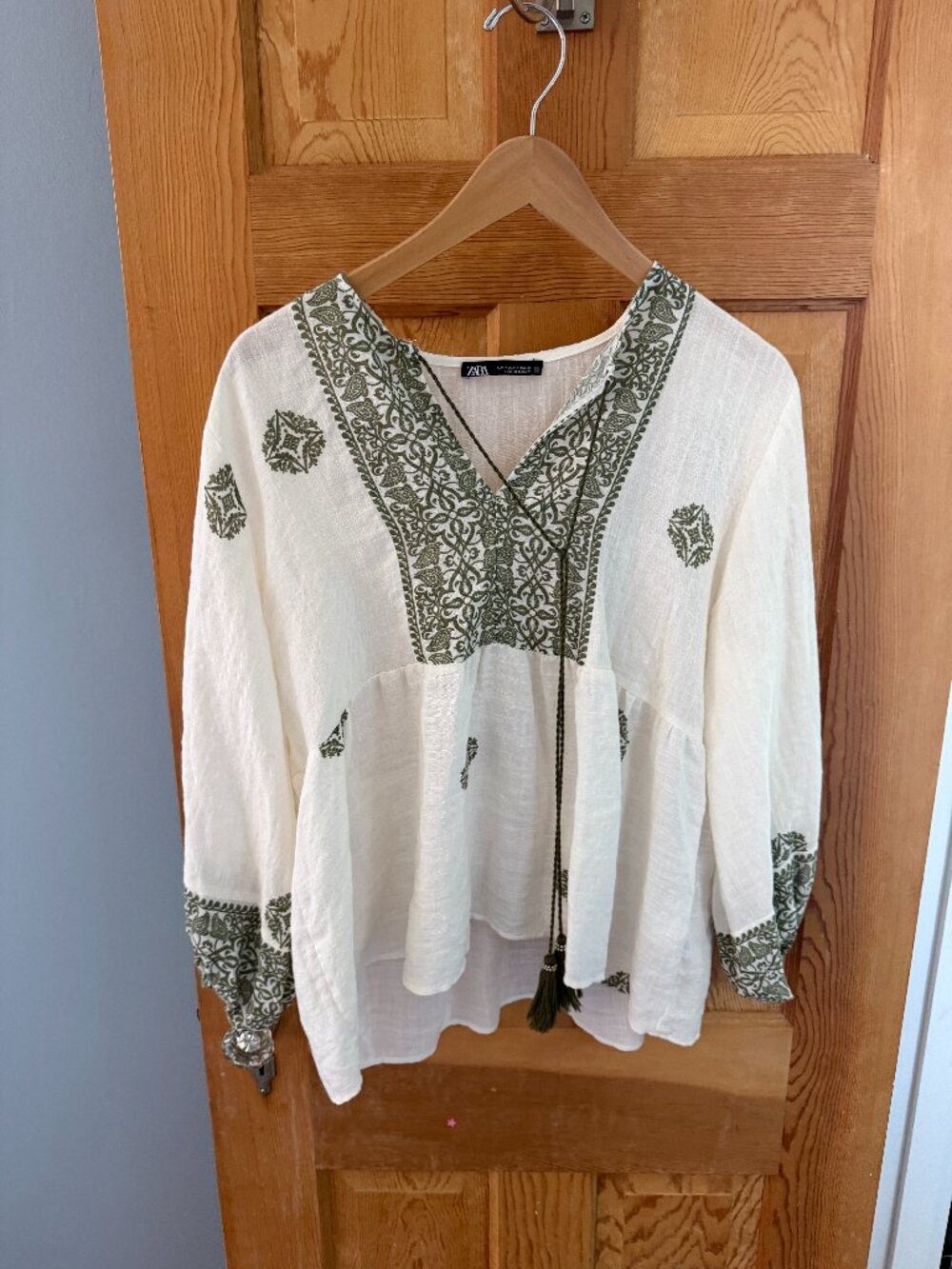 Zara Embroidered Tassel Peasant Blouse Ivory M